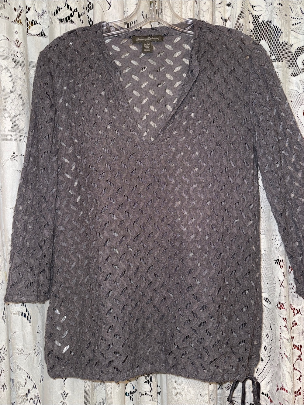 Tommy Bahama Gray Open Knit V-Neck Tunic